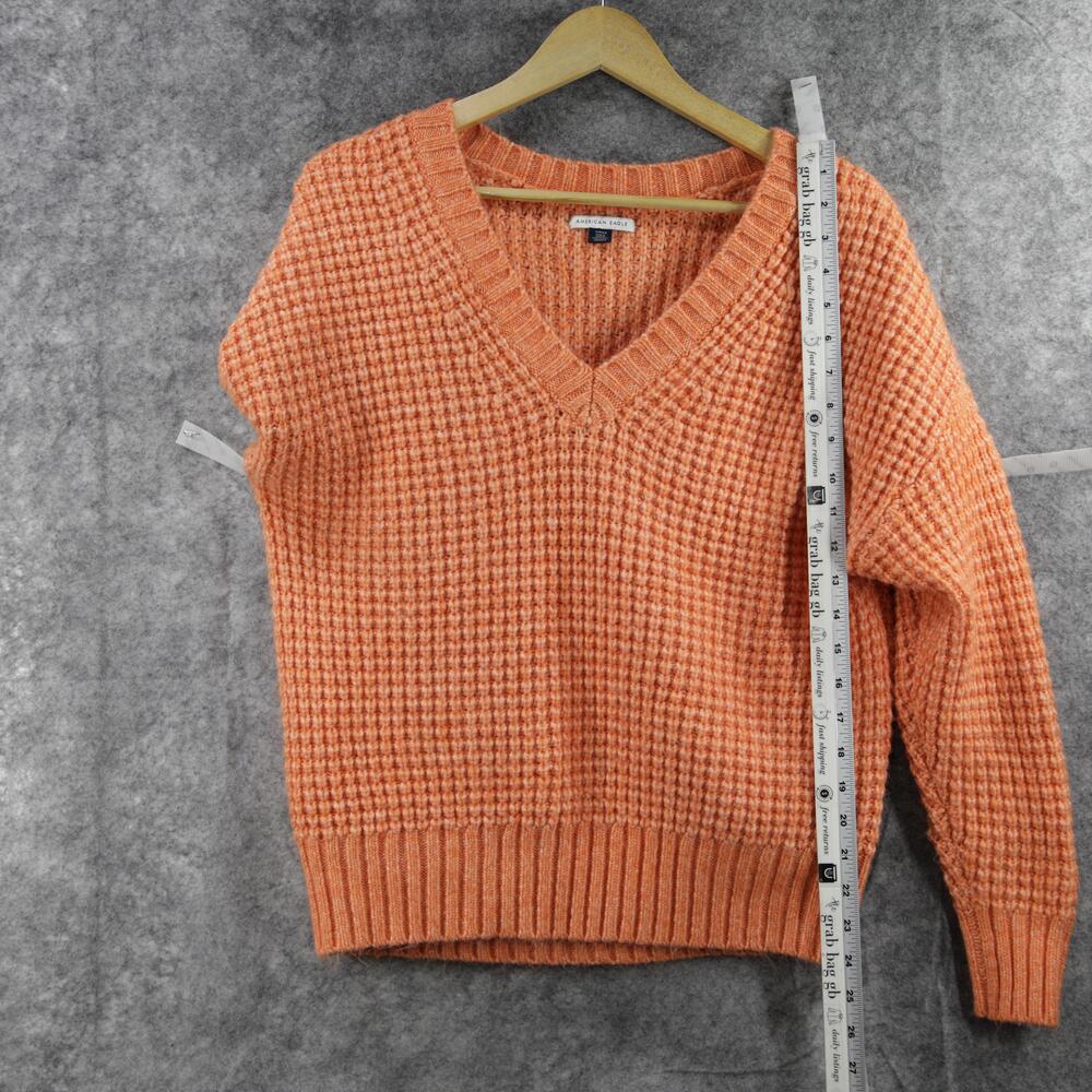 American Eagle Sweater Womens Small Orange Waffle Knit Pullover V Neck Soft Cozy - Picture 7 of 12